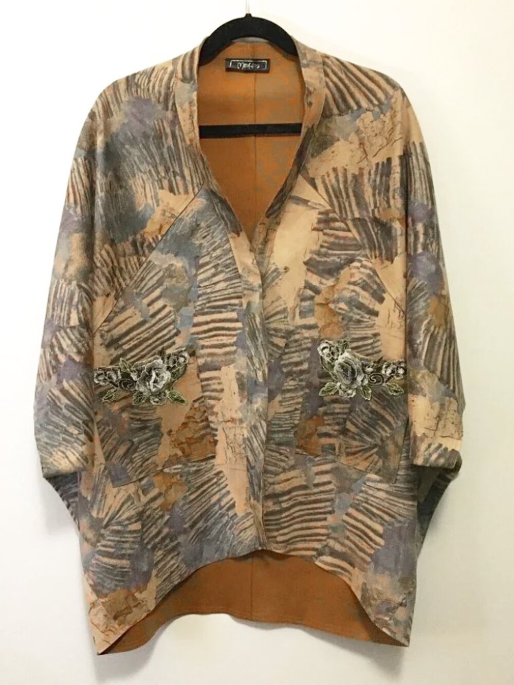Minkas Faux Suede Floral Embroidered Boho Cape Jacket